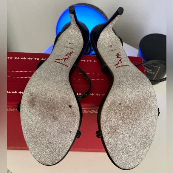 🤩✨RENE CAOVILLA Cleo Snake embellished sandal black leather rhinestone heels 9 - Picture 10 of 13